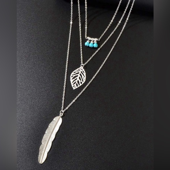 Boho Chic Turquoise and Feather Multilayer Necklace - Picture 2 of 5